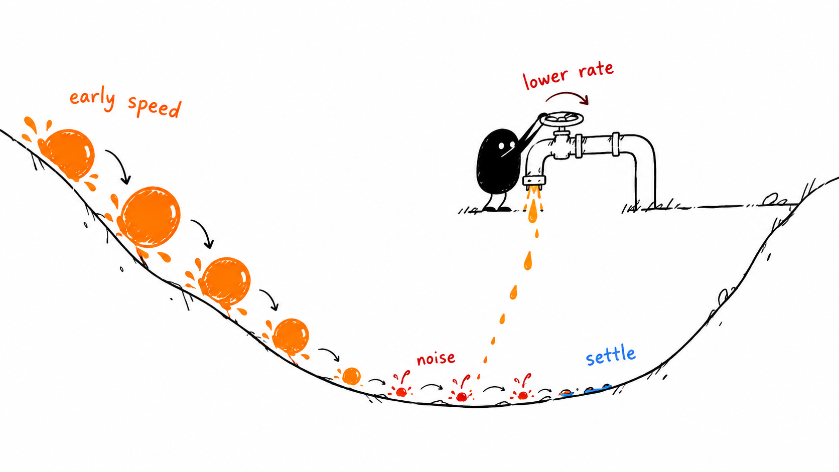 Xiaohei turning down a learning-rate valve so noisy mini-batch splashes shrink near the bottom of the loss bowl.